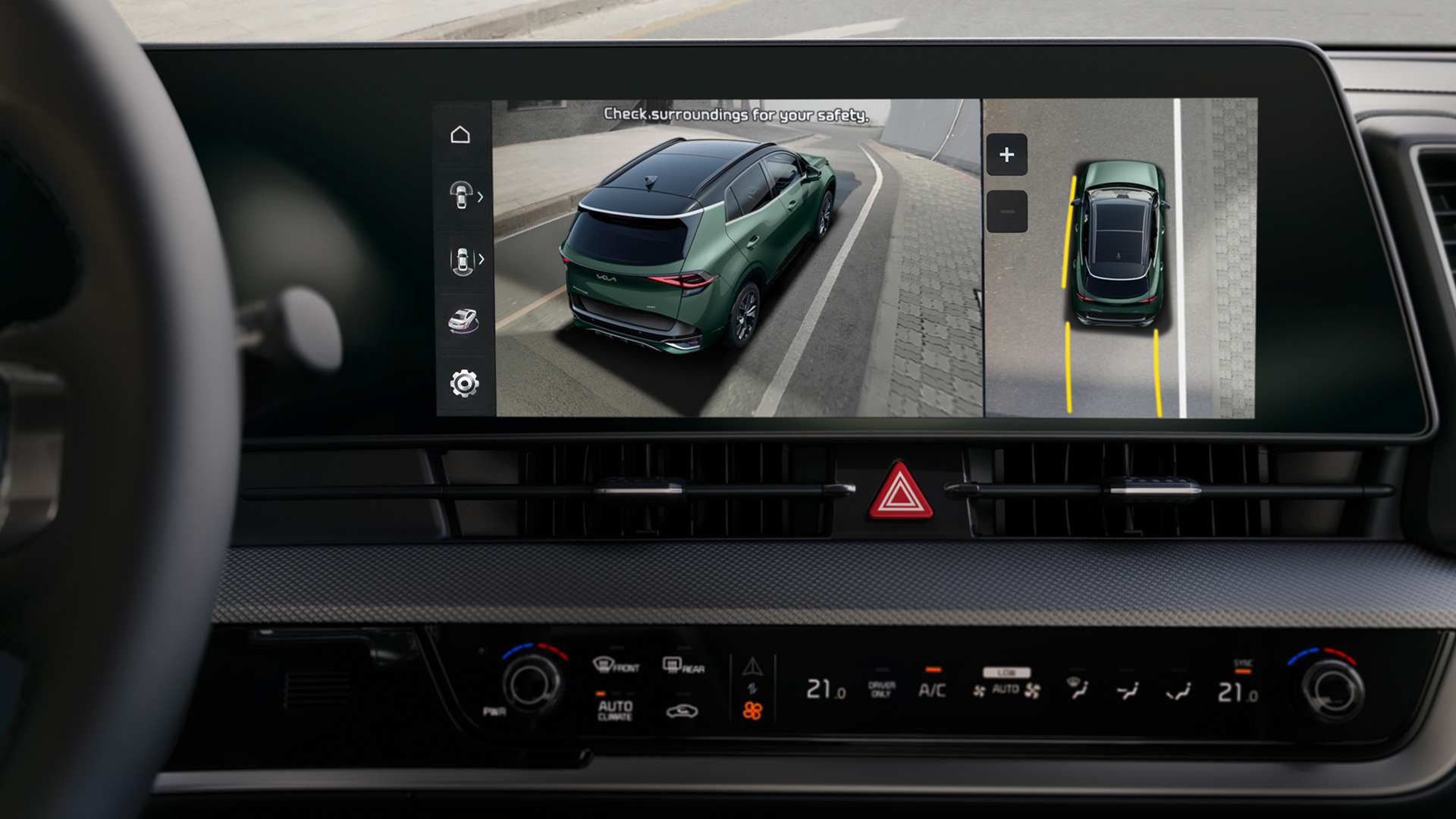 Mitteres Display auf Armaturenbrett zeigt Sportage in 360° 3D-Animation